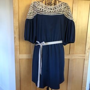 ESLEY blue Dress with cream lattice & sash 3/4 blousy sleeves Size Medium